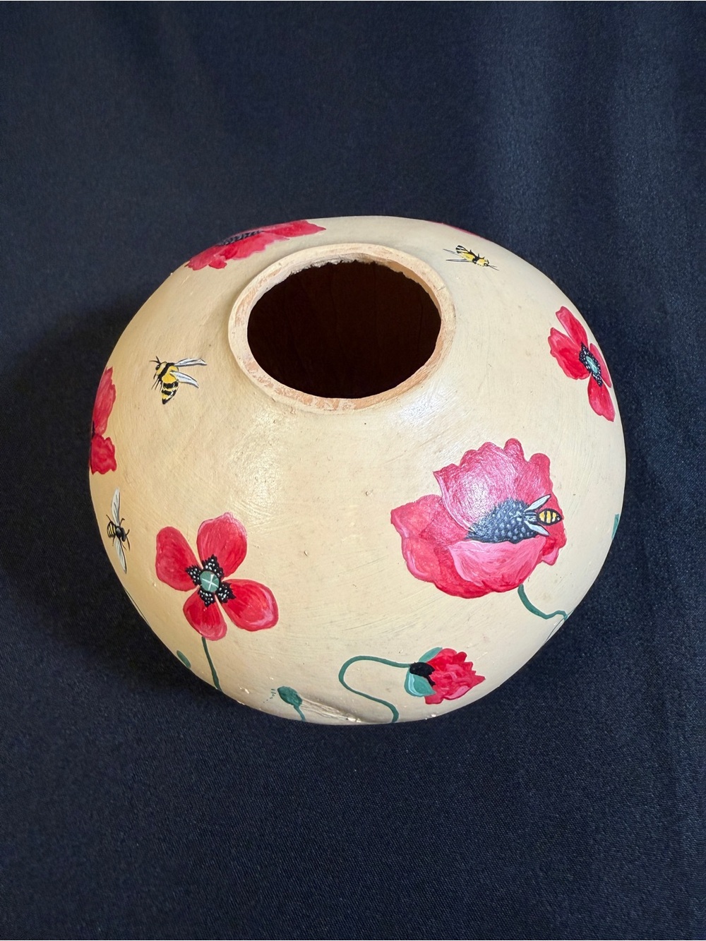 Hand-Painted Red Poppy Gourd Vase with Bee Motif Botanical Centerpiece, Folk Art